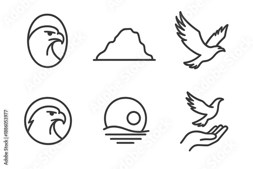 Eagle Scan Vista Icons. Line style icons of Eagle Scan Vista: optic silhouette, rugged hilltop, rising eagle, lens circle, horizon