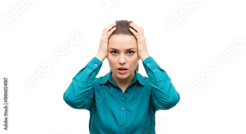 Woman with hands on head expressing shock and disbelief on transparent background