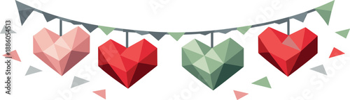 Colorful geometric hearts hanging on a string with small triangular flags.