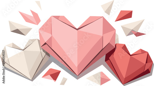 Three geometric hearts; pink, red, and white, with scattered fragments.