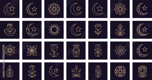 Elegant gold line art icons of flowers, moons, and stars on dark background