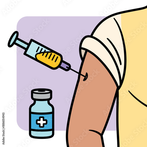 Cartoon illustration of vaccination process with syringe and medical vial