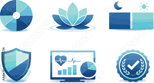 Pie chart, lotus flower, day-night cycle, shield, health monitor, quality badge.