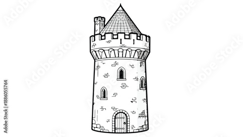 Stone tower fortress on a hill architectural sketch