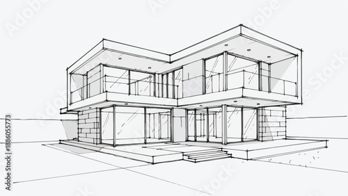 Modernist tiered villa with glass balconies sketch