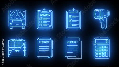 Neon-lit icons of business and finance tools on a dark background with a futuristic feel.