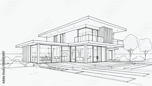 Modernist villa with flat roof and glass walls