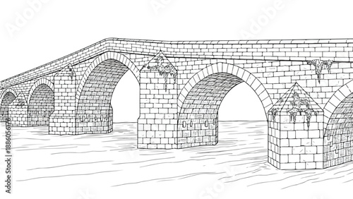 Historic stone arched bridge over river sketch