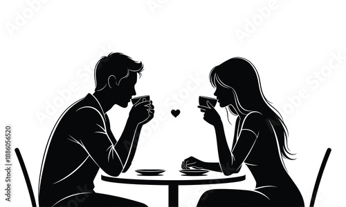 Silhouette of a romantic couple on a date at a caf