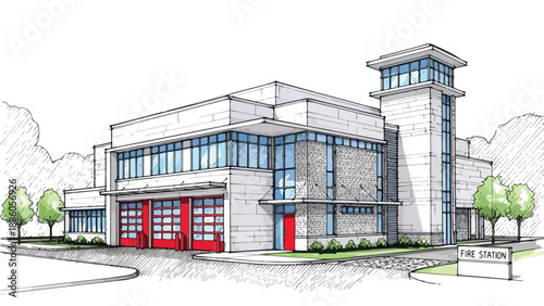Modern multi story fire station building sketch