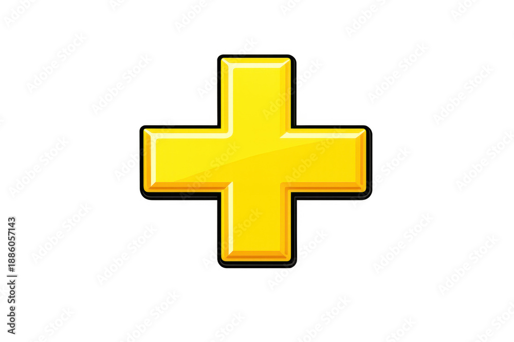 Obraz premium Yellow glossy 3d plus sign symbol, adding inclusion, positive concept on transparent background