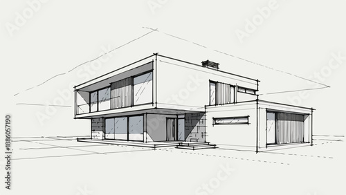 Modernist house elevation with flat roof and garage