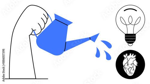 Innovation, personal growth, sustainability, creativity, nurturing ideas, health. Hand pouring water from a watering can with a light bulb and heart icon. Creativity and personal growth concept