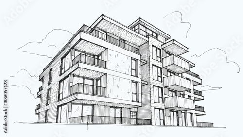 Modern multi level apartment building with balconies