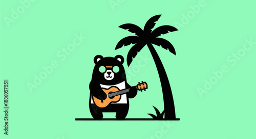 Cartoon bear playing guitar under palm tree