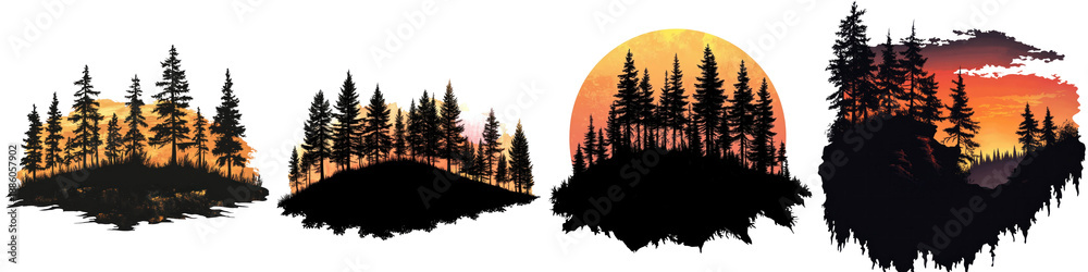 Obraz premium Silhouette of a Sunset Forest Ridge – A dark silhouette of a forest ridge at sunset where the warm hues of the sky contrast against the shadowed trees creating a peaceful serene scene. Isolated on Cle