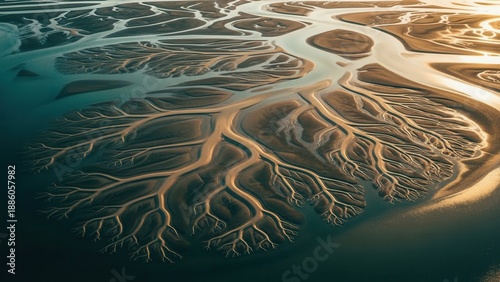 Arial View Of Deltaic Waterways Reflecting Golden Light