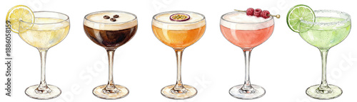 watercolor collection of five classic cocktails in coupe glasses, isolated illustration