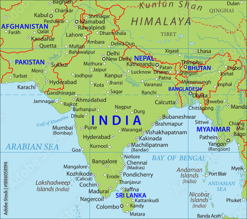 Vector political world map. South Asia with 
India, Pakistan, Bangladesh, Nepal, Afghanistan,
Bhutan, Arabian sea, Bengal Bay, New Delhi, 
Sri Lanka, Colombo, Kabul, Dhaka, Islamabad.