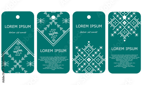 Boho Berber card designs. Ethnic ornate tags with embroidered flower patterns. Rustic vintage Geometric hangtag templates design set. EPS 10 vector illustration.