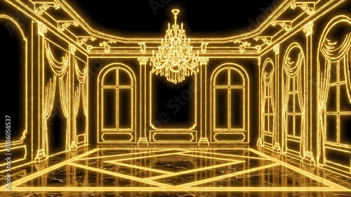 Neon Gold Illuminated Luxury Interior with Chandeliers.