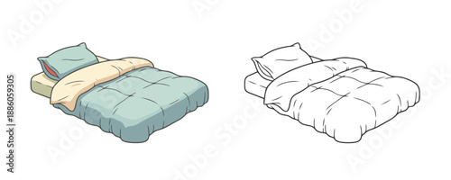 Comfortable unmade bed in hand-drawn style soft blue and beige colors simple furniture item for home interior bedroom comfort and rest relaxation concept 