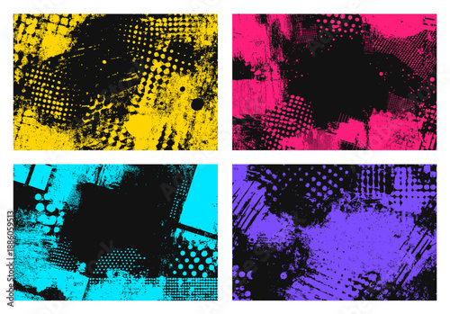 Abstract grunge vector texture set with bold yellow, pink, cyan, and purple paint overlays, combining halftone dots and distressed marks for high-impact modern graphic design.