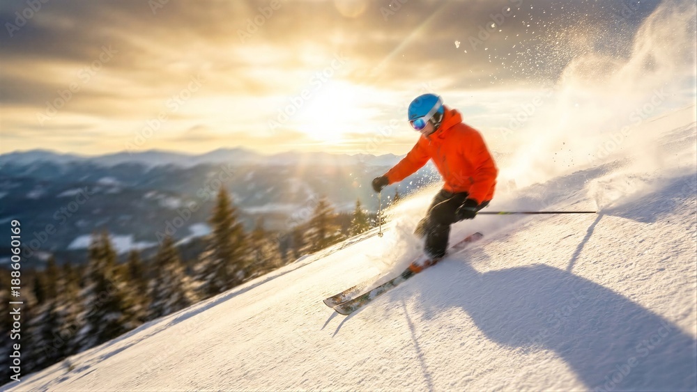 Fototapeta premium Man skiing down snowy mountain slope creating powder spray. Action winter sport activity, downhill skiing at sunrise or sunset concept