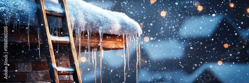 A ladder is on top of a roof covered in snow
