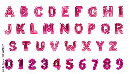 Shiny pink balloon alphabet letters and numbers for festive decorations and graphic design