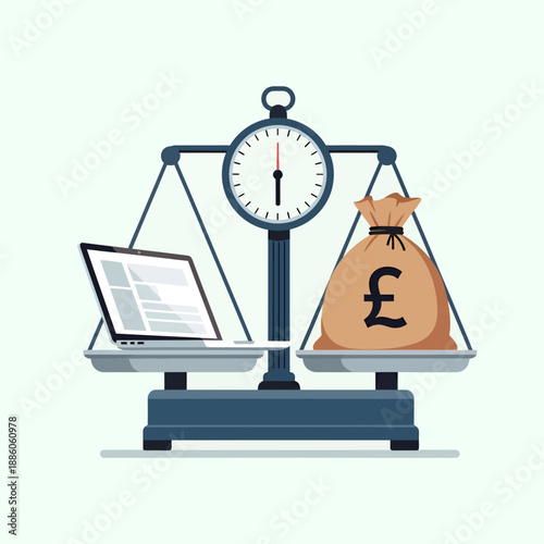 Laptop balancing with British Pound Sterling money bag on weighing scale vector illustration. UK digital economy, GBP financial investment, and online banking cost comparison concept.