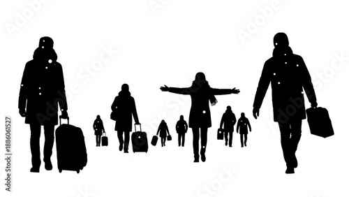 Silhouetted People Walking with Luggage.