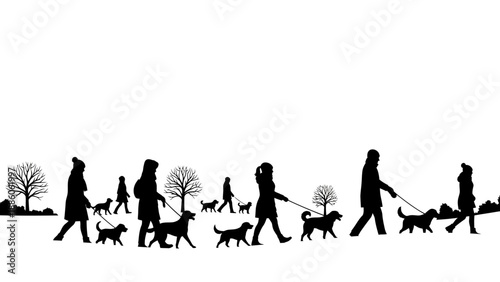 People Walking Dogs Silhouettes.