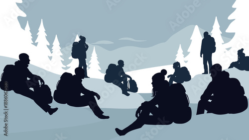 Group of People Sitting in Snowy Landscape.