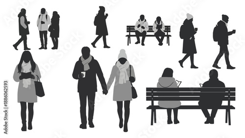 Silhouettes of People Walking and Sitting.