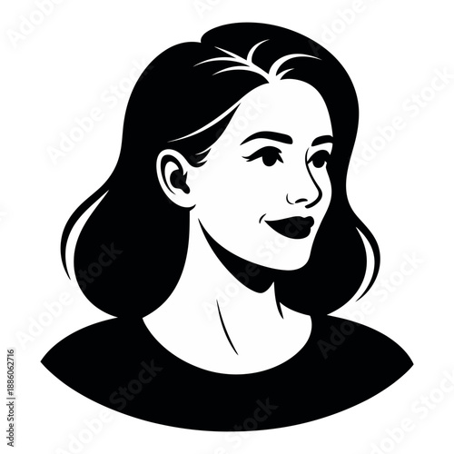 Woman's portrait features dark wavy hair and a subtle, pleasant smile in a graphic.