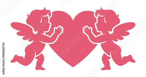 Two cherubs flank a large heart shape in a romantic silhouette design for holiday.