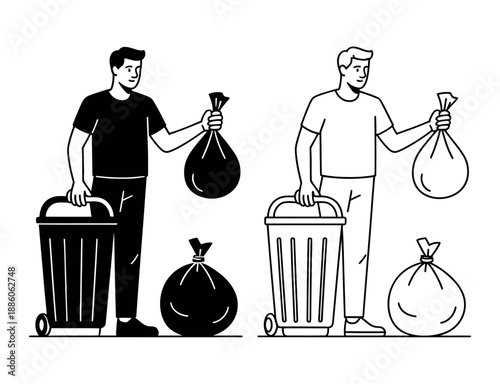 Man standing next to trash bin holds a tied garbage bag in contrasting black and white.