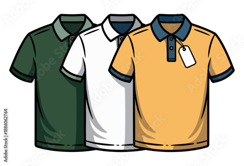 Three polo shirts displayed with varying colors and one includes a retail hang tag.