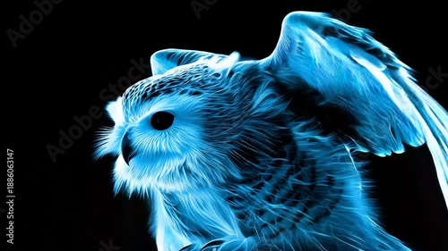 A glowing blue owl, stylized against a black background. Feathers and details appear as vibrant lines