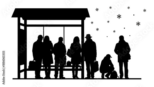 Silhouetted People Waiting at Bus Stop Shelter.