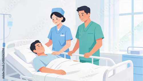 Flat vector illustration depicting two medical professionals, a male nurse and a female doctor, standing next to a hospital bed with a male patient. Vector graphics. EPS_03.