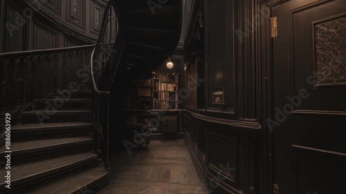 Dark, elegant interior with curved staircase. Bookshelves in the distance. Ornate panels and a doorway