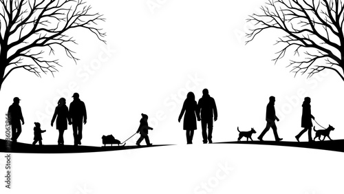 Silhouettes of People Walking with Dogs.
