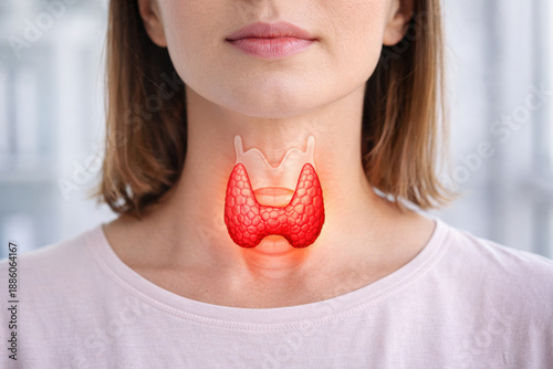 Thyroid gland health concept with visual illustration on a woman's neck, endocrinology, hormonal balance, diagnosis, treatment and prevention of thyroid disorders.