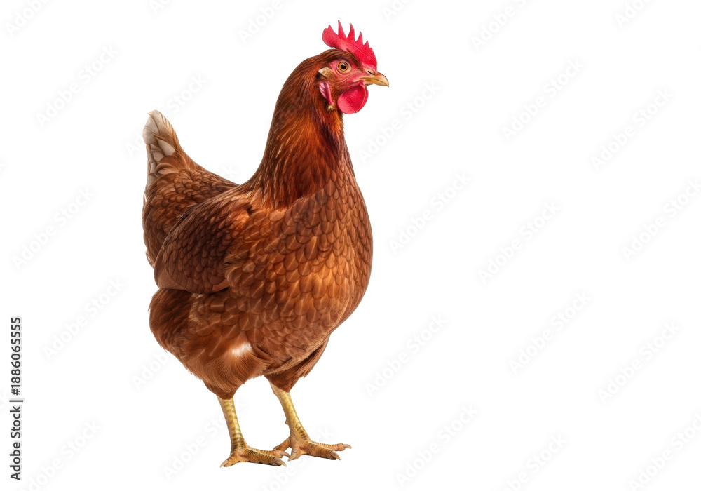 Fototapeta premium A healthy reddish-brown hen with a vibrant red comb stands alert next to a smooth light brown egg on a transparent studio background with no shadows, concept of organic farm product purity