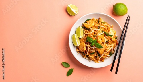 Traditional Pad Thai noodles with shrimp and fresh lime on a white plate with black chopsticks in bright studio.