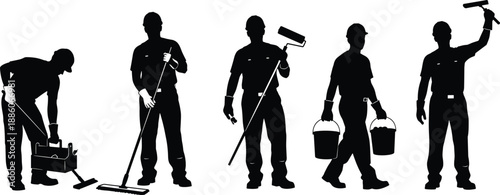 cleaning, painter, roller, ladder, bucket, toolbox, mop, vacuum, silhouette, worker, renovation, maintenance, interior, floor, wall, floor mop, paint roller, cleaning 