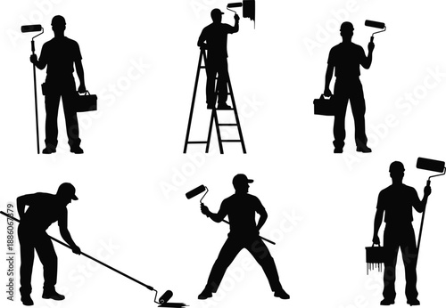 Silhouettes of professional workers performing painting, cleaning, and maintenance tasks with rollers, mop, vacuum, squeegee, toolbox, and bucket equipment