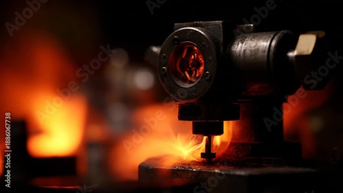 A close-up view of a metal tool in action, with intense fiery colors and sparks